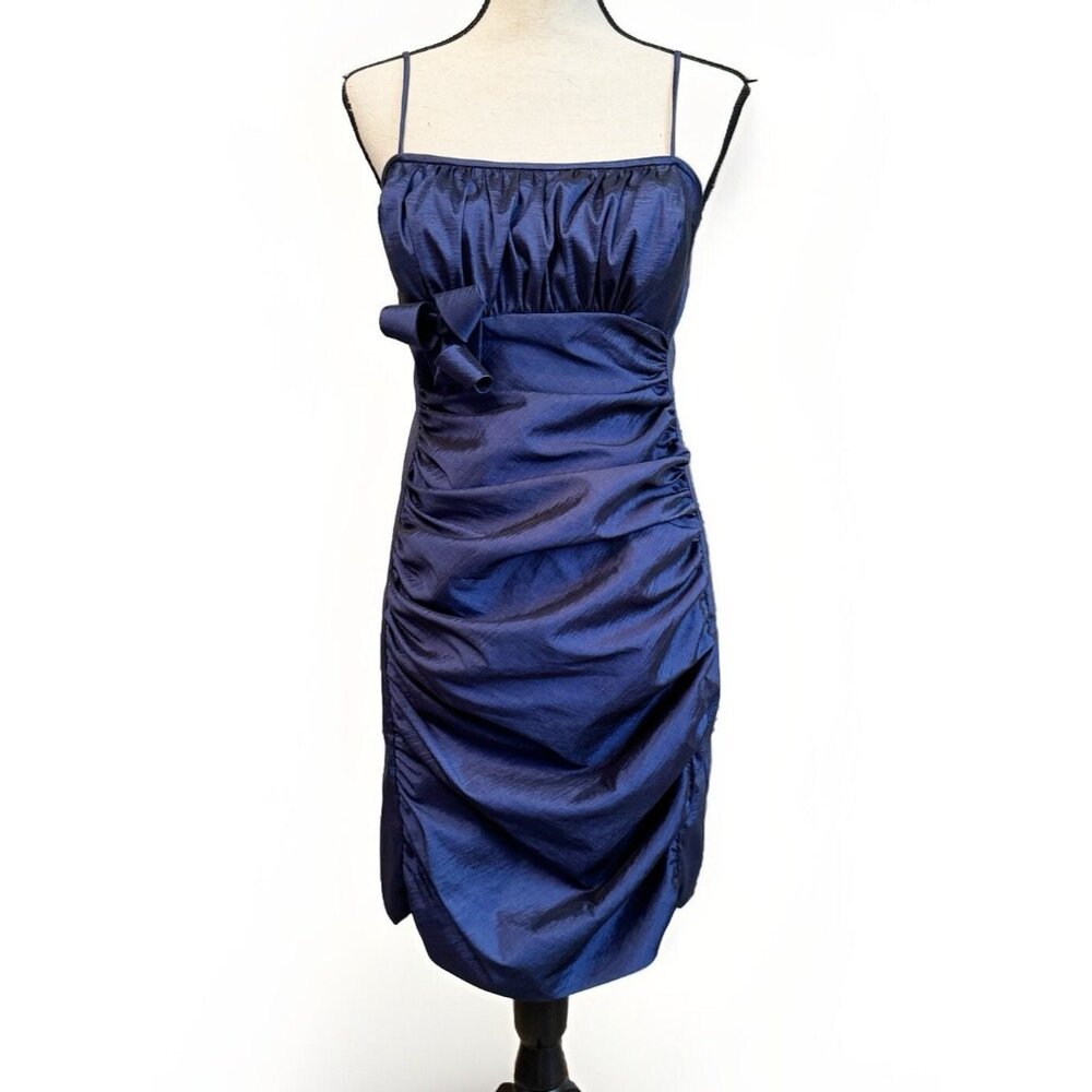 S.L. Fashion Metallic Blue Ruched Dress XS VTG 8 Knee Length Holiday Party